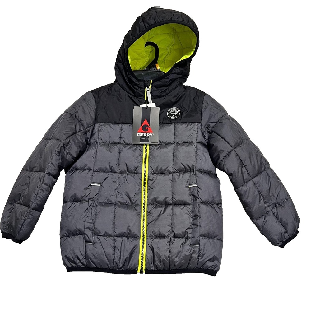 Gerry Torque Puffer Jacket Full-Zip Lightweight Hooded Boys XS Gray Black NWT
